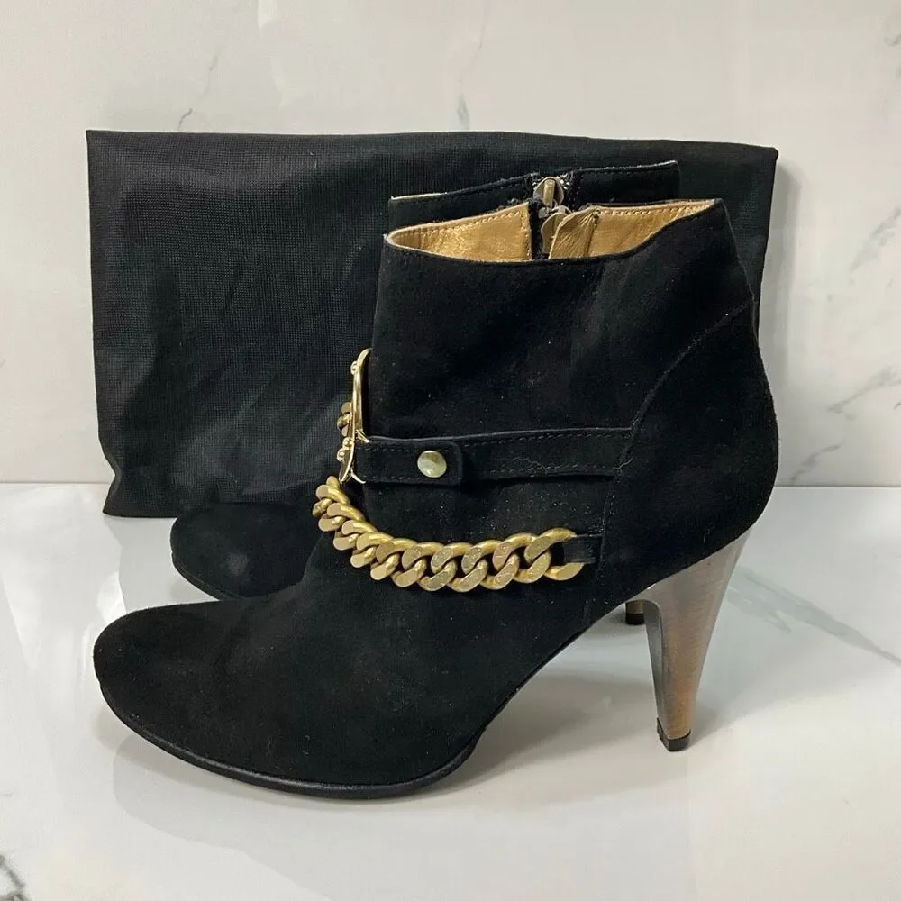 JUST CAVALLI Black Suede Ankle Boots With Gold Chain Embellishment